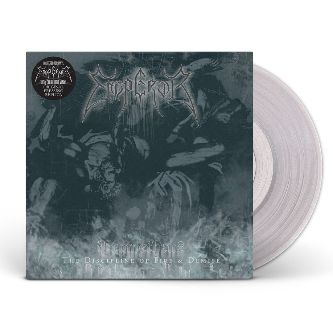 A semi-transparent vinyl record slides out of Emperor’s gothic IX Equilibrium album cover, showcasing monochrome artwork, the band’s elaborate logo, and "The Eruption" reference.