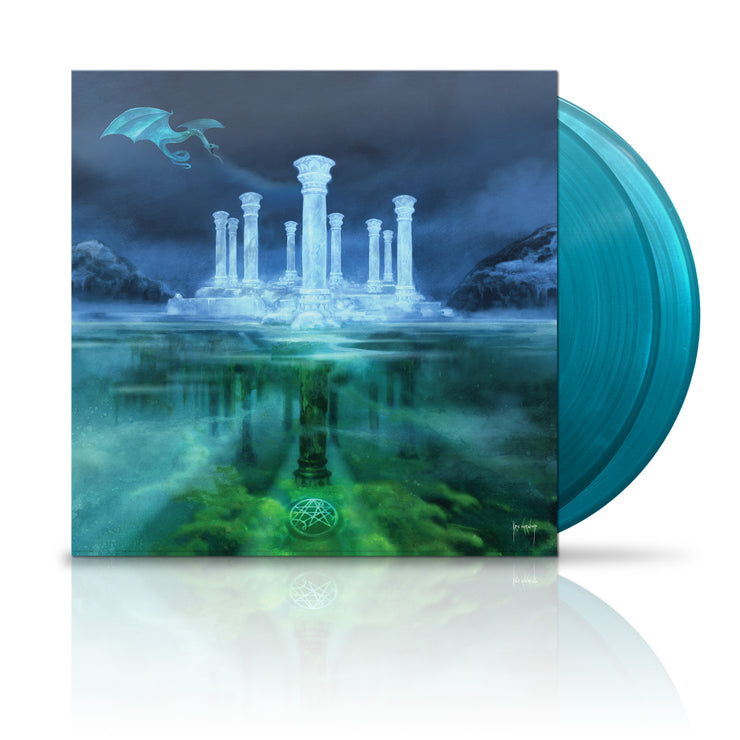 image of two blue vinyl records on a white background. vinyl is on the right. album cover is on the left and shows a dragon above columns on water,