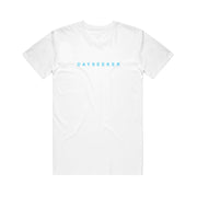 image of a white tee shirt on a white background. blue print across the chest says dayseeker