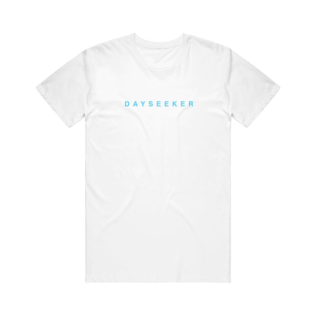 image of a white tee shirt on a white background. blue print across the chest says dayseeker