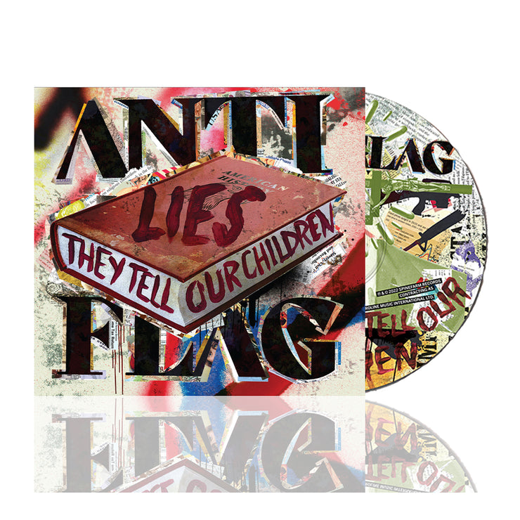 image for the Lies They Tell Our Children CD. cd is on the right and album cover on the left says anti flag with a book in the center with the title on it