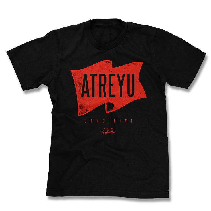 image of a black tee shirt on a white background. tee has center print of a red flag. in black on the flag says atreyu