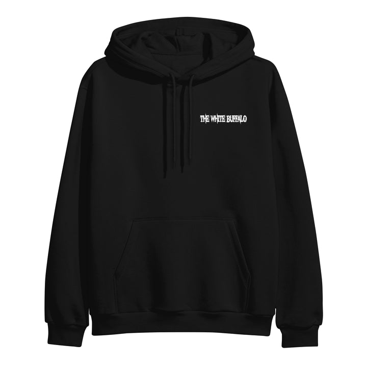 A black hoodie by The White Buffalo with a front pocket, drawstrings, and small white THE WHITE BUFFALO text on the left chest.