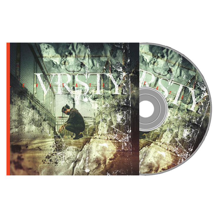 VRSTY Levitate CD. album art is a side view of a distressed of a man crouched down in a hallway. disc is exposed to show art on disc, art on disc is the same on the album art. 