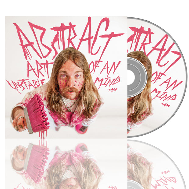 image for the Abstract Art Of An Unstable Mind CD. CD on the right. cover on the left with the title and austin meade holding a paint brush with pink paint