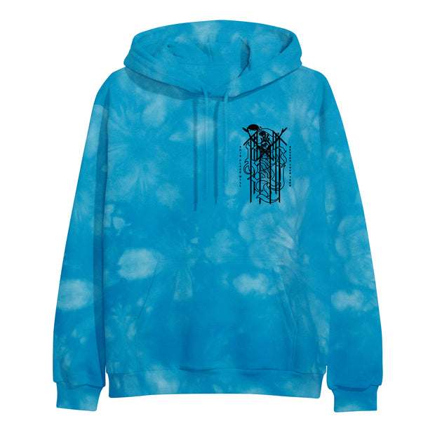 image of the front of an aqua tie dyed pullover hoodie. front right chest print in black of a symbol and the words this place will become your tomb