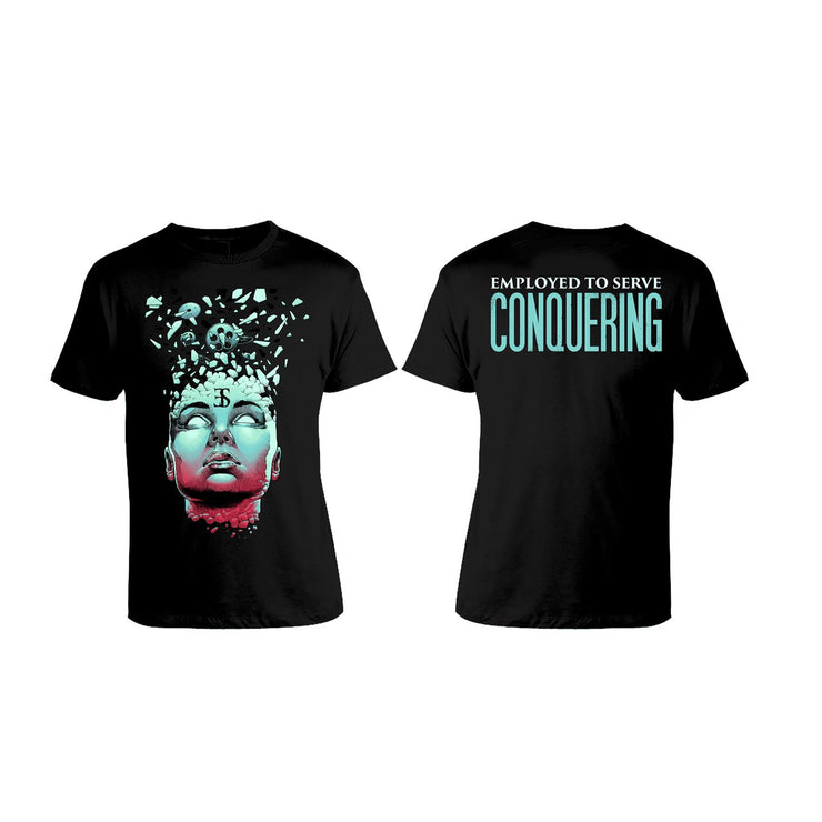 image of the front and back of a black tee shirt on a white background. back is on the right and has a center print that says employed to serve conquering. front is on the left and has an image of a head exploding
