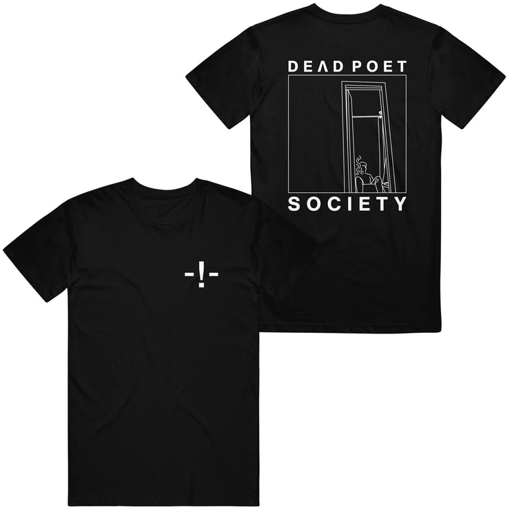 image of the front and back of a black tee shirt. front has small right chest print in white of - ! - back has a print of a window and says dead poet society