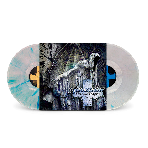 image of a double clear and blue splatter vinyl record on a white background. vinyl on each side, cover in the center. cover shows a reaper statue in front of a clock. bottom right says 36 crazyfists time and trauma