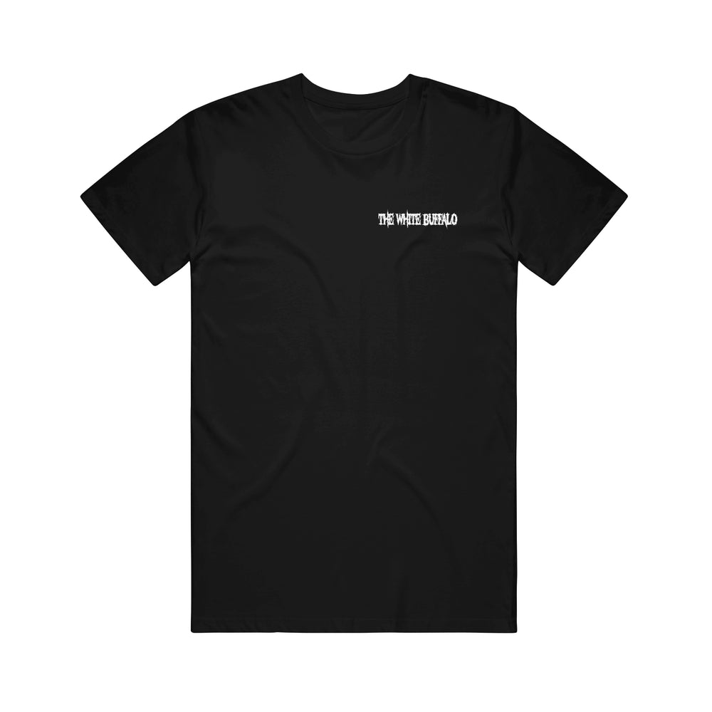 A classic fit black T-shirt from The White Buffalo, made with Gildan Heavy Cotton, featuring The White Buffalo printed in small white letters on the left chest.