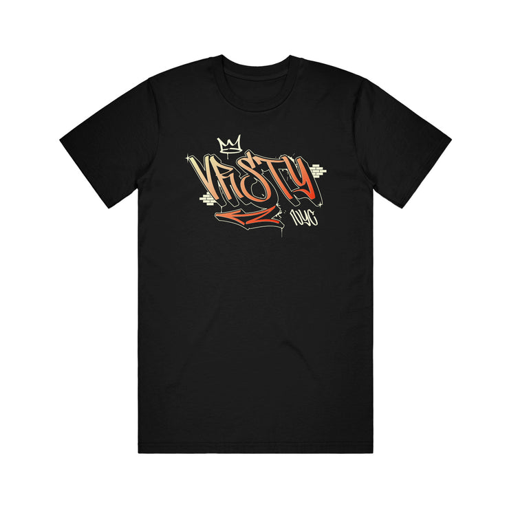 VRSTY Black Graffiti t-shirt. front on shirt has a graffiti style VRSTY logo, VRSTY text is printed in a red gradient ink. 