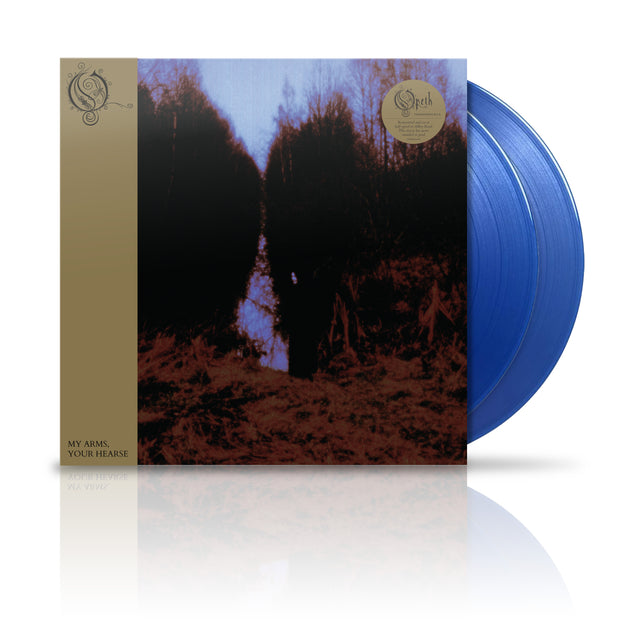 image of Opeths "My Arms Your Hearse" with vinyl exposed to show color. vinyl color is transparent blue. album art is a shot of the woods with the colors altered to look spooky.