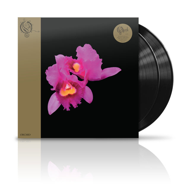 Opeth "Orchid" vinyl LP. vinyl exposed to show color, Vinyl color is Black. Album art is an Orchid flower with a black background.