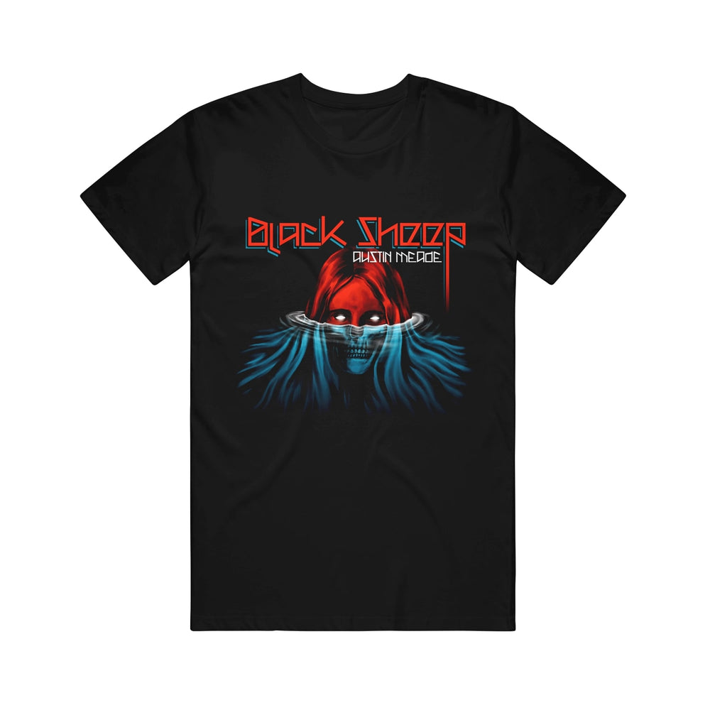 image of the front of a black tee shirt on a white background. tee has center print of a face half in water. at the top says black sheep, austin meade