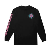 Front of Dayseeker Stained Glass black long sleeve. a stained glass rose is printed on the front left chest in blue and pink ink. dayseeker in large pink text is printed down the right sleeve. 
