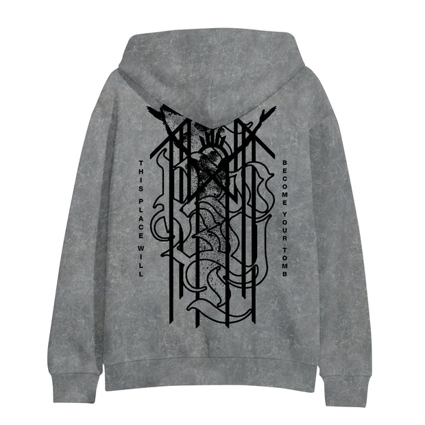 image of the back of a grey mineral wash pullover hoodie. full back print in black of a symbol and the words this place will become your tomb