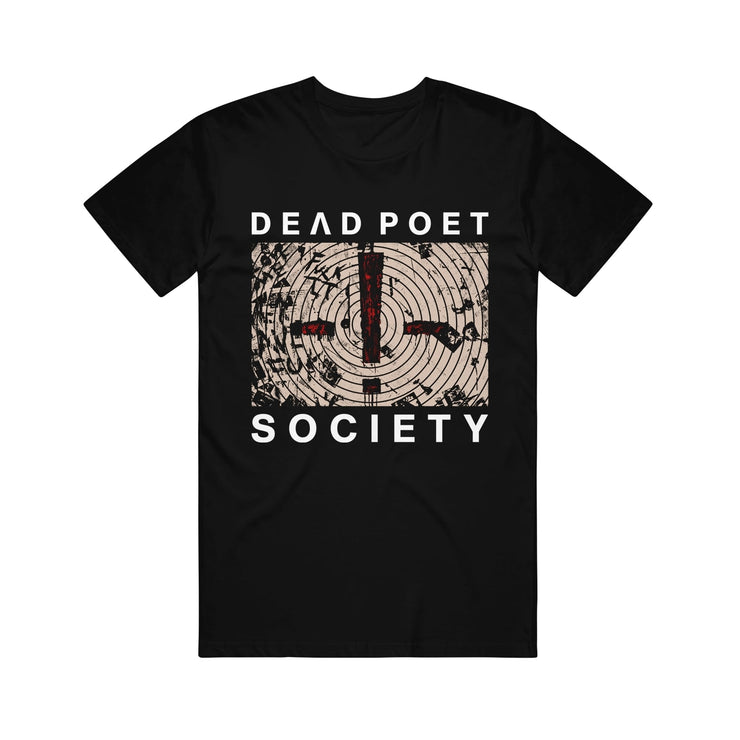 image of a black tee shirt. tee has center chest print that says dead poet society and also - ! -