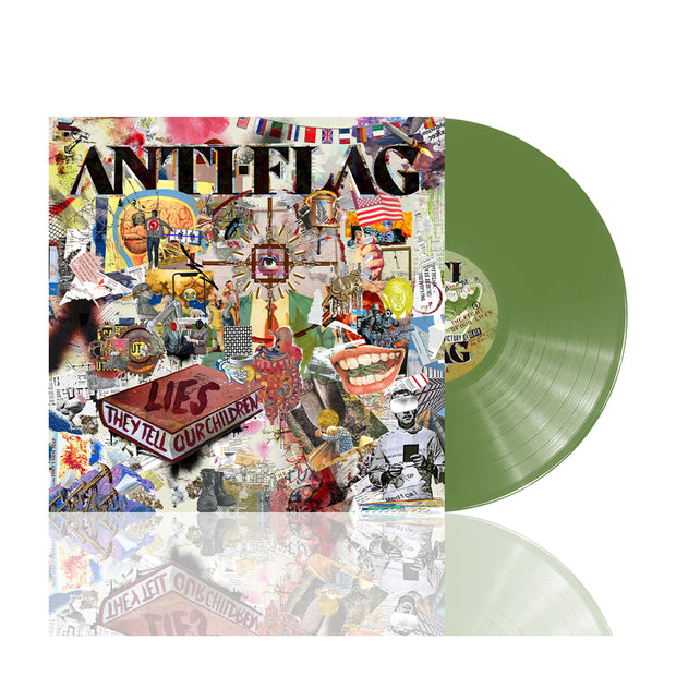 image of the Lies They Tell Our Children Olive Green Vinyl. vinyl on the right and album cover on the left is a collage 