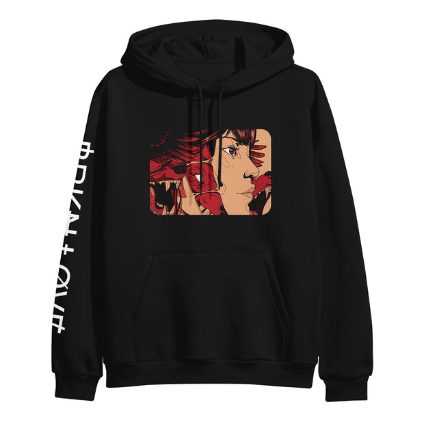 image of a black pullover hoodie on a white background. front of hoodie has comic book art of a face. left sleeve has white print that says broken love