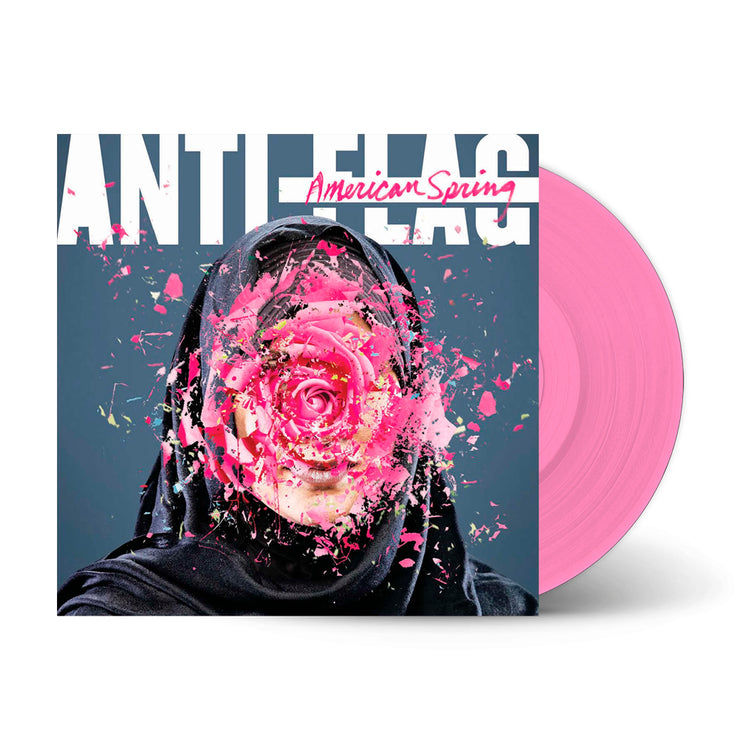 image for the American Spring Deluxe Die-Cut Gatefold Vinyl. pink vinyl on the right, album cover on the left says anti flag american spring with a hooded head with pink paint splatter