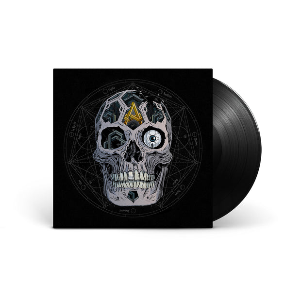 image for the In Our Wake Black Vinyl. vinyl is on the right and cover on the left is black with a one eyed skull