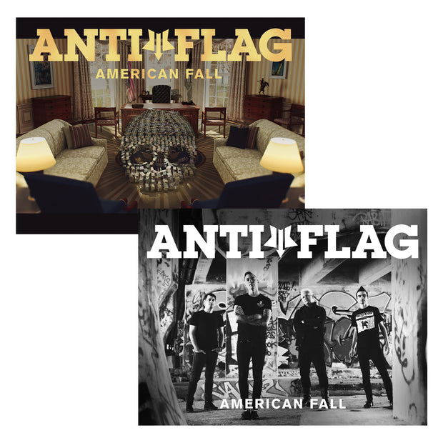 image of a double sided poster on a white background. one side shown at the top is a living room, with two couches on each side and a big skull in the center. at the top says anti flag american fall. the back is on the bottom and shows the four male band members standing in a graffiti parking lot. it also says anti flag american fall
