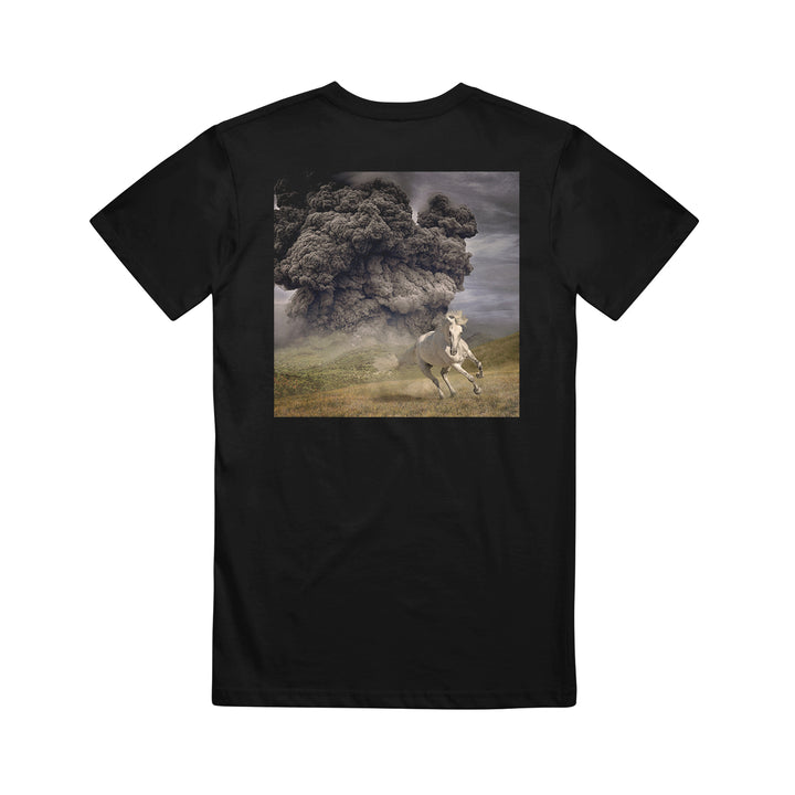 The White Buffalo classic fit black T-shirt, made from 100% cotton, features a running horse on grass beneath a smoky cloud background.