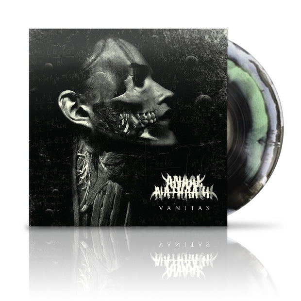 image of a white, black, green mix vinyl record. vinyl is on the right. cover is on the left and shows a persons face revealing the skull inside. at the bottom right it says Anaal Nathrakh vanitas