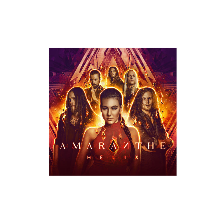 image of an album cover. cover says amaranthe helic and shows the six members of the band