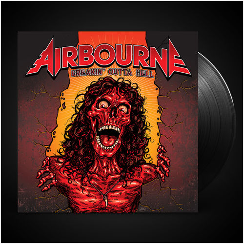 image of a black vinyl on a black background. vinyl is on the right and album cover is on the left. cover says airbourne at the top, breakin' outta hell below. image of a man with no skin and curly hair is breaking out of a wall