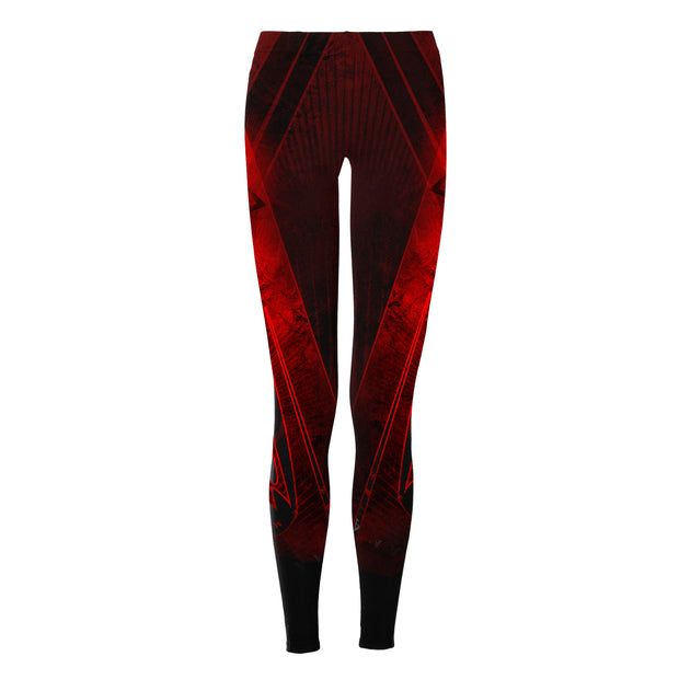 image of ladies black leggings on a white background. leggings have red stripes on each side of the legs