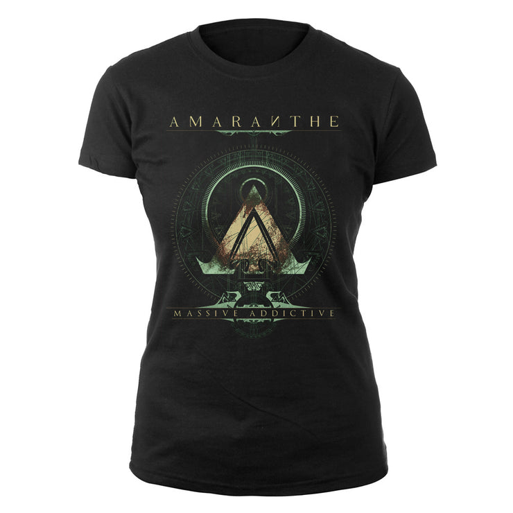 image of a ladies black tee shirt on a white background. across the top says amaranthe. below is a triangle shape and across the bottom says massive addictive