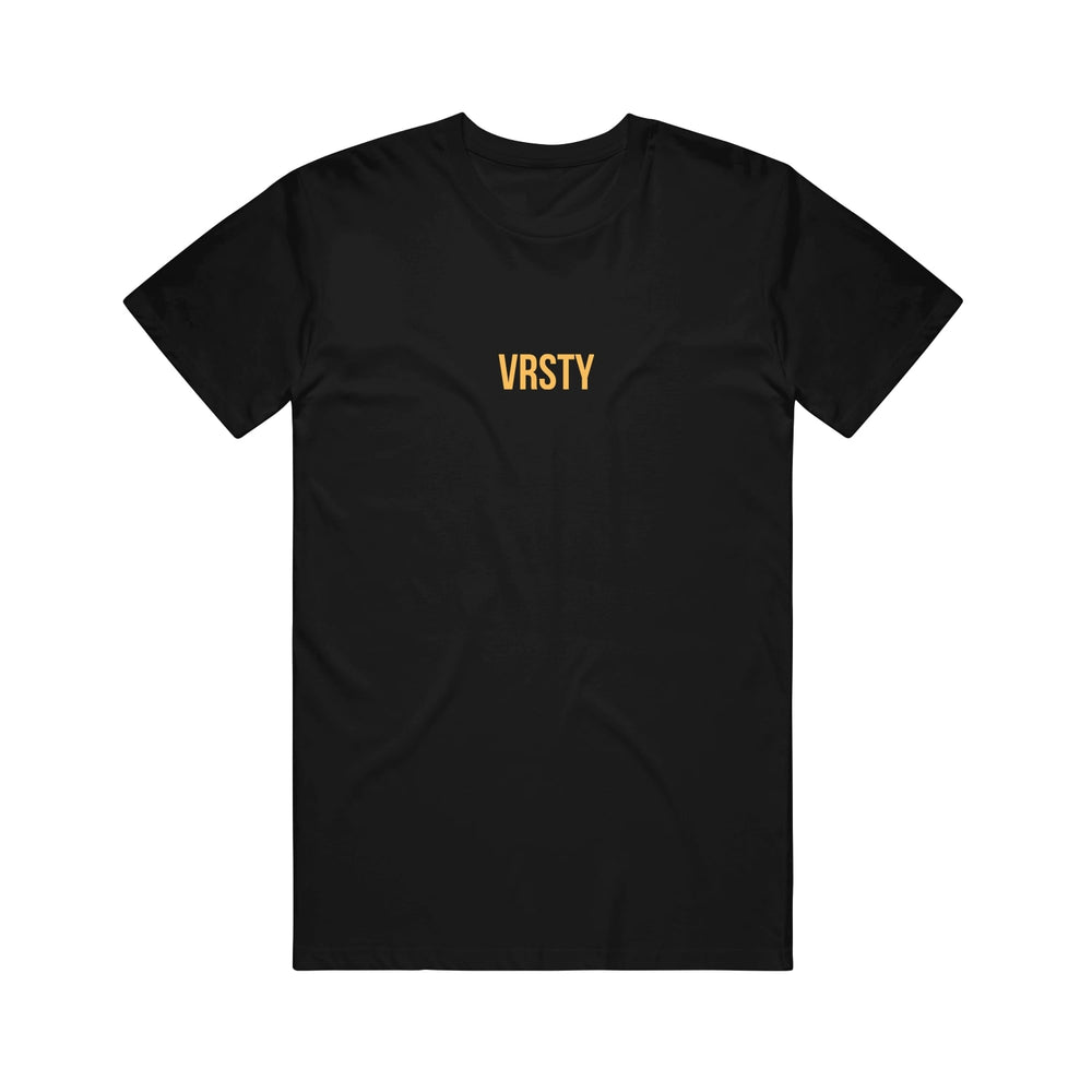 A VRSTY brand black t-shirt featuring the word VRSTY printed in bold yellow letters on the chest.
