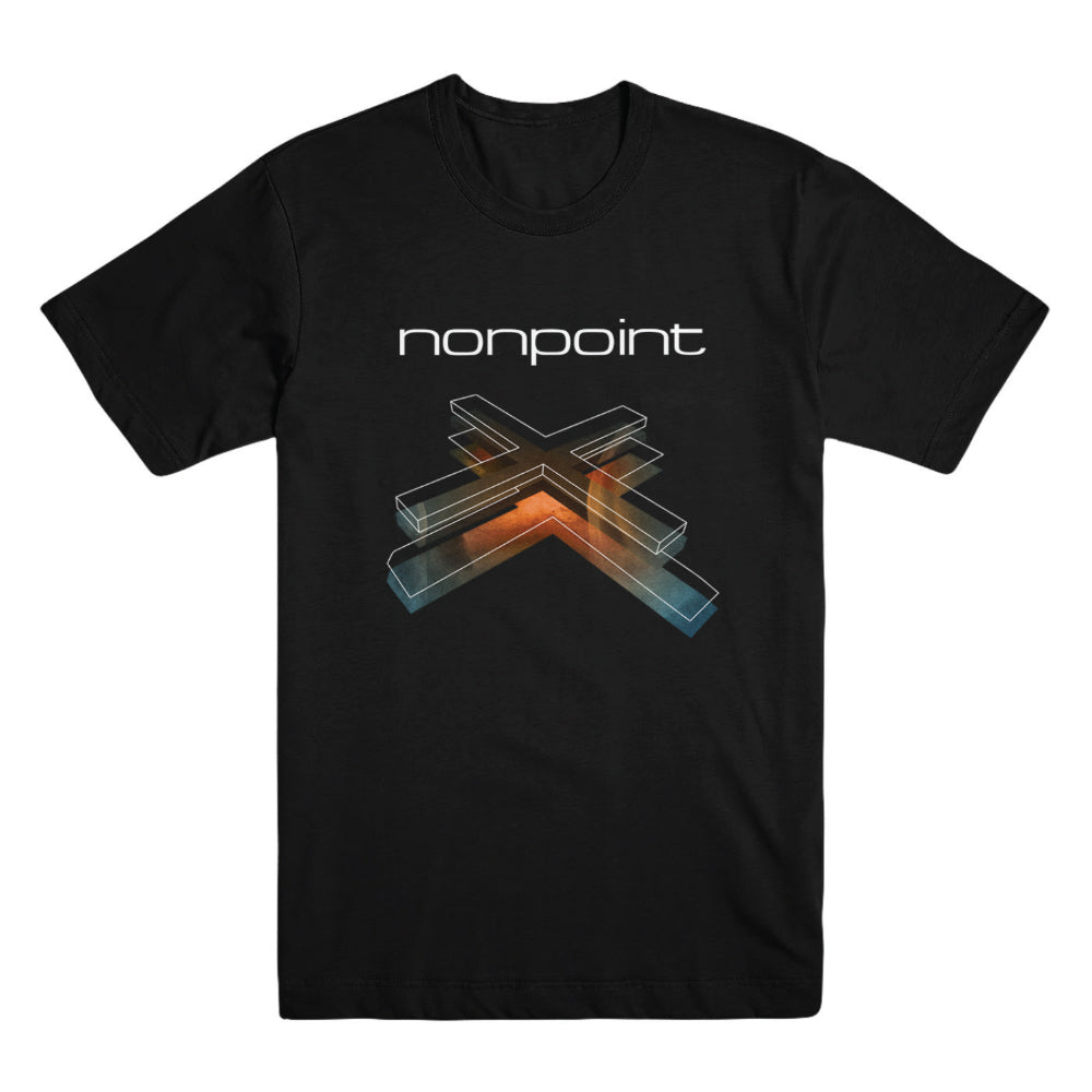 Black T-shirt with 'nonpoint' text and an X-shaped graphic in orange and blue.