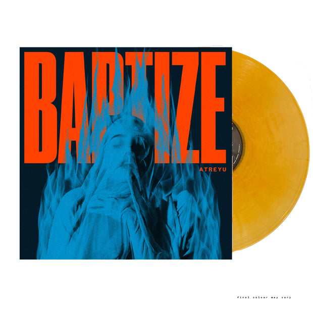 image for the Baptize Marigold Swirl Vinyl. vinyl is on the right and cover on the left says in big orange letters baptize with a blue flame over a body