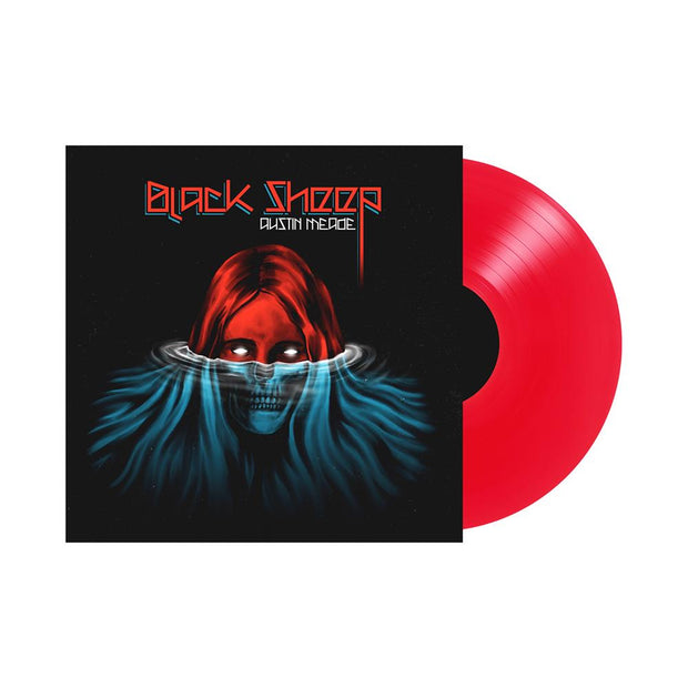 image for the Black Sheep Translucent Red Vinyl. vinyl on the right cover on the left of a face half in water