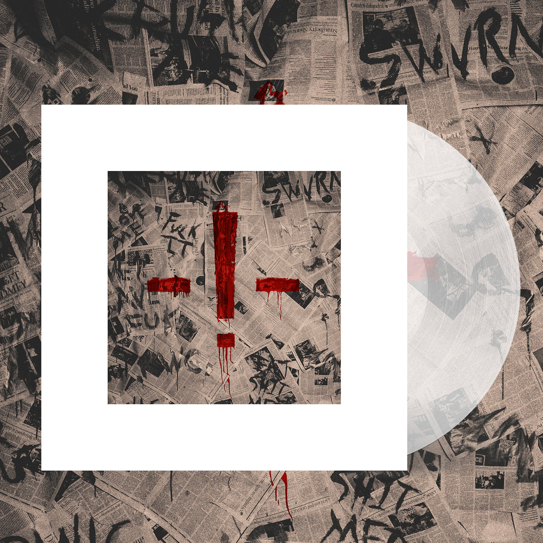 A Dead Poet Society vinyl record with a cover showing scattered newspapers marked with black graffiti and a bold red cross in the center. The record is partially visible on the right side.