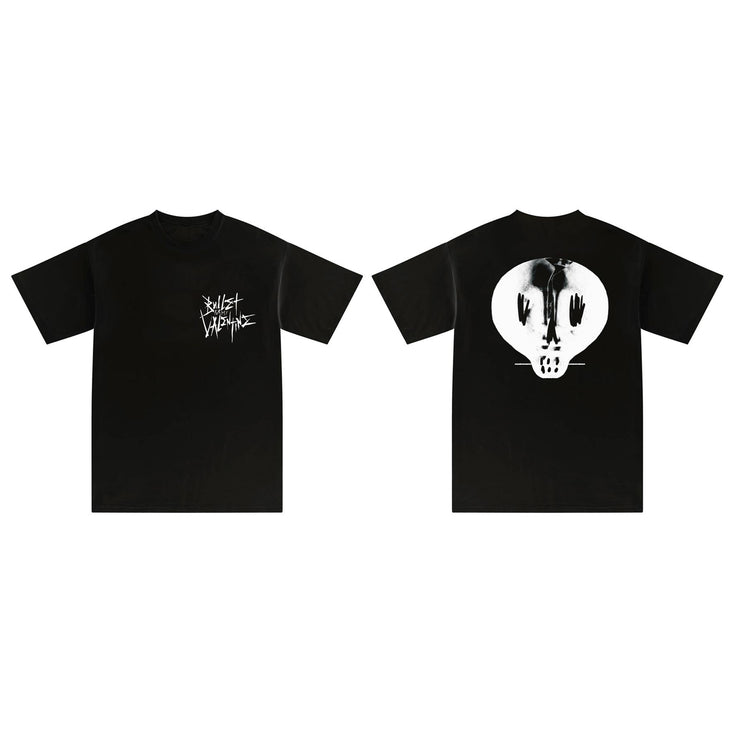 image of the front and back of a black tee shirt on a white background. front is on the left and has a small right chest print that says bullet for my valentine. back is on the right and has a back print in white of a skull
