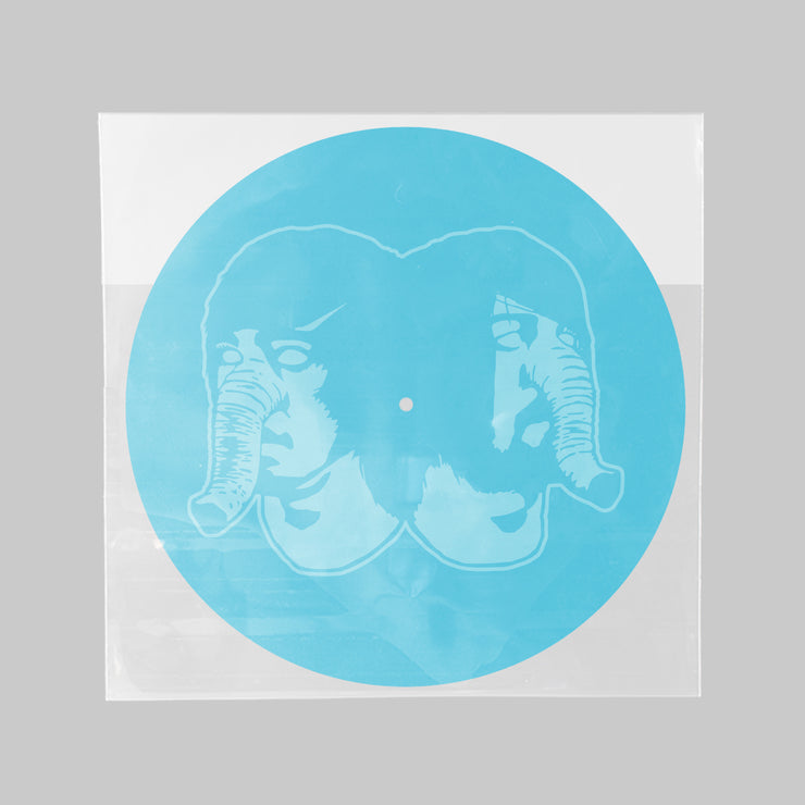 image for the Modern Guy Baby Blue Vinyl. etching of two connected heads with elephant trunks