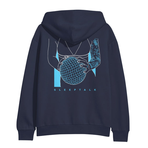 image of the back of a navy pullover hoodie on a white background. full print in blue and white of a woman holding a disco ball. across the bottom says sleeptalk
