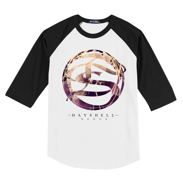 image of a black and white baseball tee shirt. front print of a floral stencil of the letter S. across the bottom says dayshell