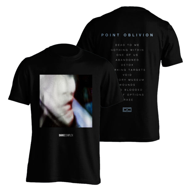 image of the front and back of a black tee shirt on a white background. front has point oblivion cover of a blurred face. the back has a full print with the album tracklist