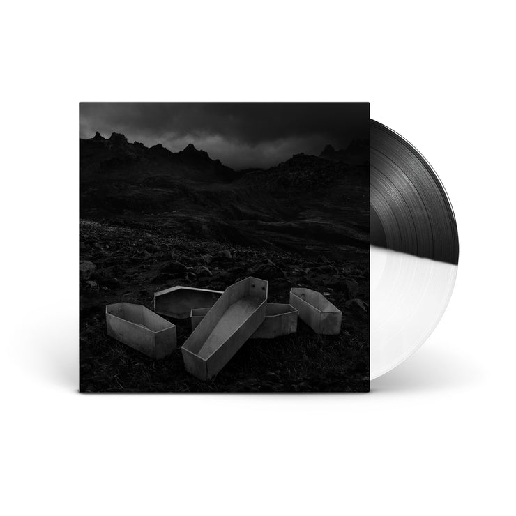 image for the Long Live White and Black Vinyl. vinyl is on the left and the cover on the right is a black and white photo of open coffins outside