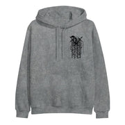 image of the front of a grey mineral wash pullover hoodie. front right chest print in black of a symbol and the words this place will become your tomb