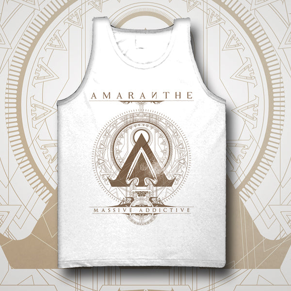 image of a white tank top. full body print in gold. at the top says amaranthe, across the bottom says massive addictive. there is a geometric design with the letter A in the center