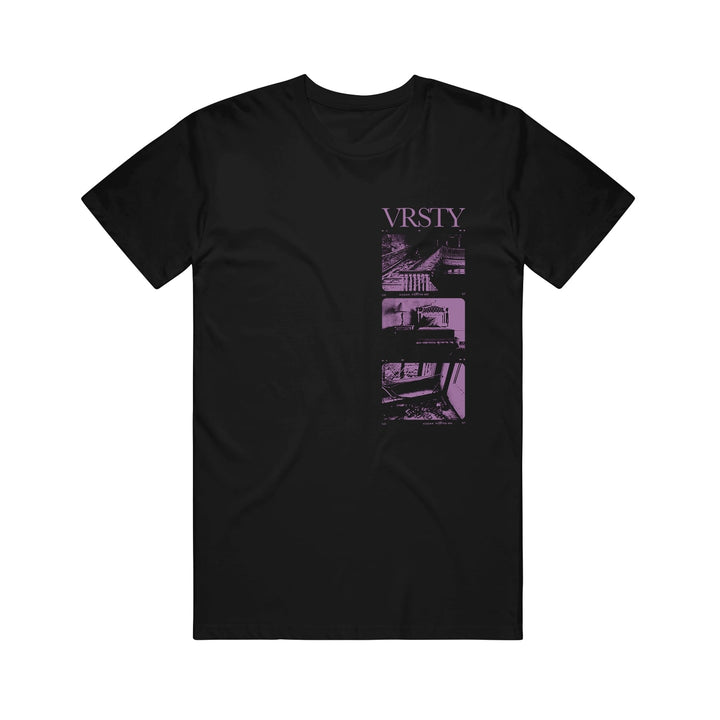 Black VRSTY T-shirt with VRSTY in purple at the top right, above three vertical purple-tinted rectangular images of urban or industrial scenes.