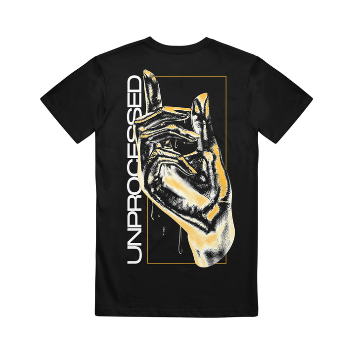 The Unprocessed Black Gildan Heavy Cotton T-shirt features an illustrated hand making a peace sign with “UNPROCESSED” vertically on the left. Classic fit, 100% cotton for comfort and durability.