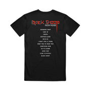 image of the back of a black tee shirt on a white background. tee has full print that says black sheep, austin meade with the track list of the album down the center in white print.