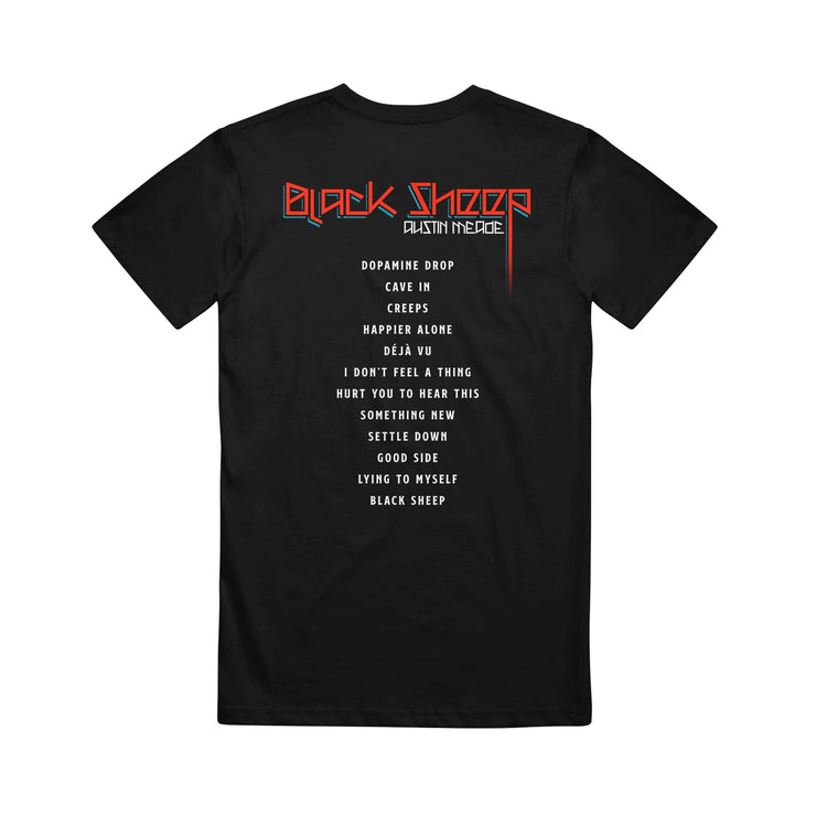 image of the back of a black tee shirt on a white background. tee has full print that says black sheep, austin meade with the track list of the album down the center in white print.