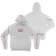image of the front and back of a white pullover hoodie on a white background. front has small center chest print of the letters D C. each sleeve has a print that says point oblivion. back has a print at the lower bottom that says darke complex